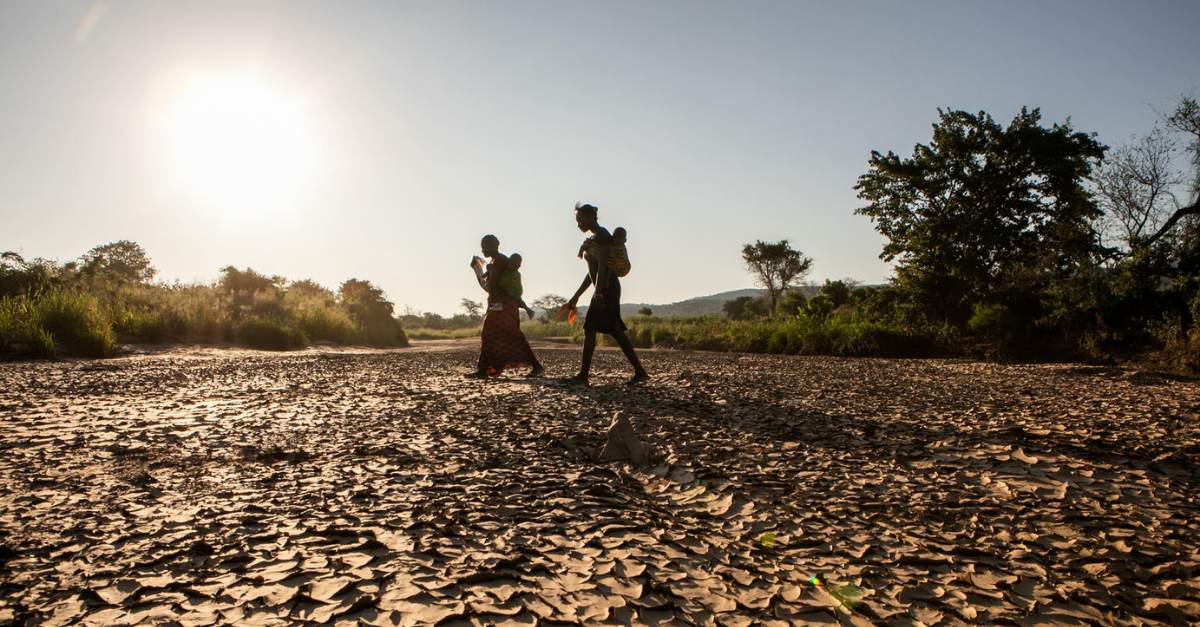 Familia caminando por un paisaje afectado por la sequía, simbolizando el impacto del cambio climático y la importancia de las iniciativas medioambientales